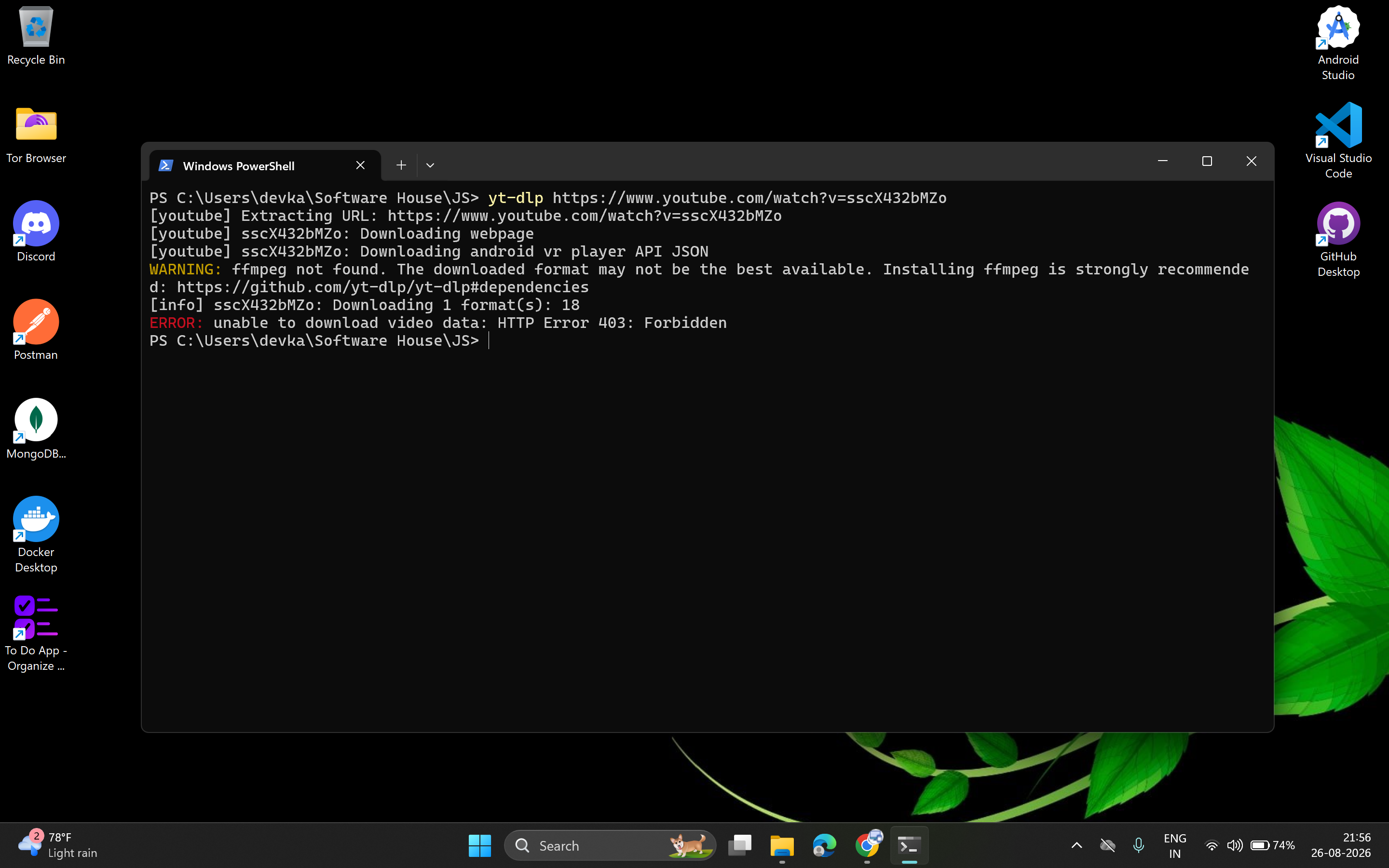 yt-dlp HTTP Error 403 Forbidden and ffmpeg not found terminal output
